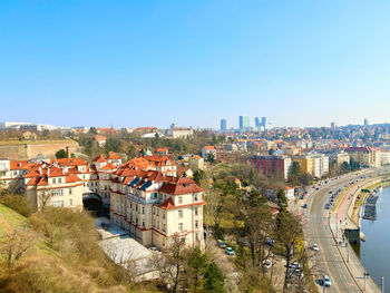 High angle view of townscape against clear blue sky. prague.