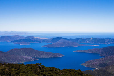 Scenic view of lake against clear blue sky