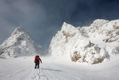 Rear view of man skiing on snowcapped mountain