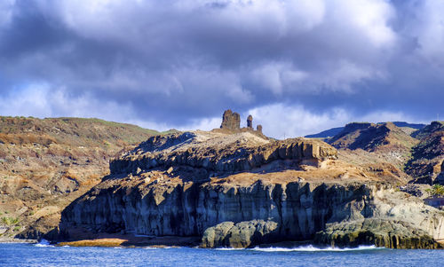 Panoramic view of sea and rock formation against sky