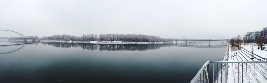 Scenic view of lake against sky during winter