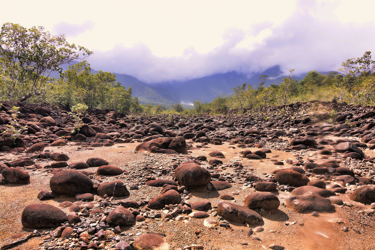 SCENIC VIEW OF ROCKS ON LAND AGAINST SKY