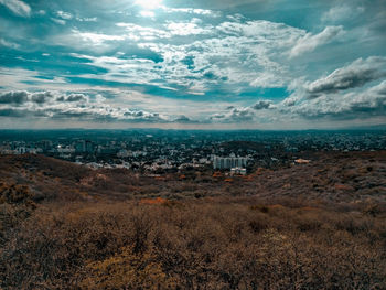Aerial view of city buildings against sky