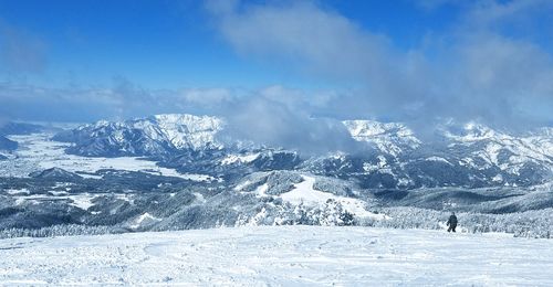 Scenic view of snowcapped mountains against sky