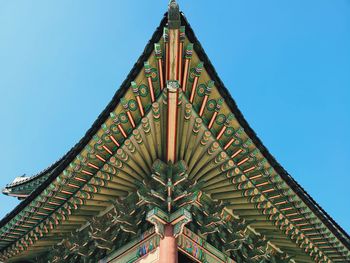 Low angle view of temple against clear blue sky