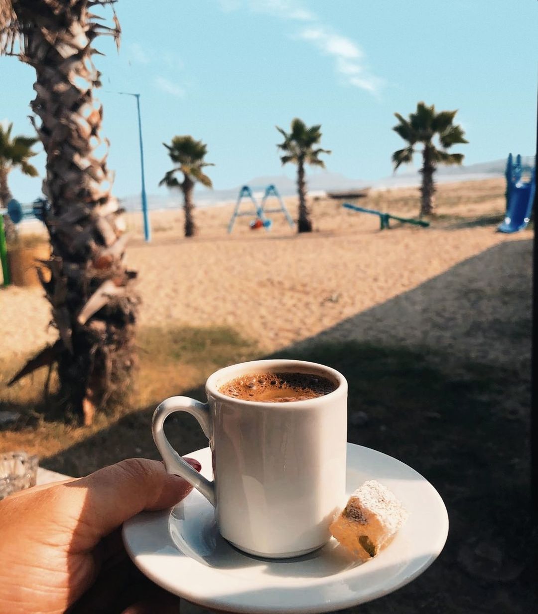 food and drink, drink, coffee, refreshment, cup, mug, coffee cup, tree, nature, palm tree, plant, saucer, food, crockery, hand, heat, day, sky, tropical climate, one person, table, sunlight, freshness, hot drink, outdoors, beach, land, water, leisure activity, focus on foreground, lifestyles, relaxation
