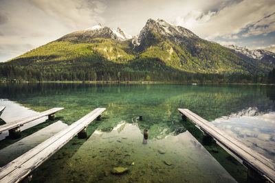 Scenic view of lake by mountains against sky