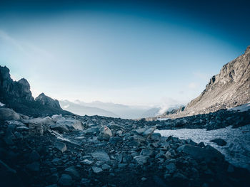 Scenic view of mountains against sky during winter