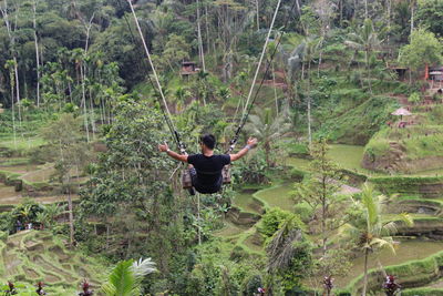 Person swinging against trees 