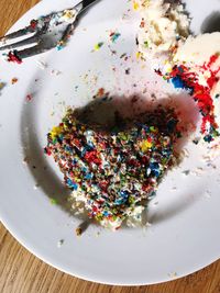 High angle view of cake in plate on table