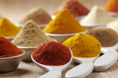 Close-up of various spices in containers on table