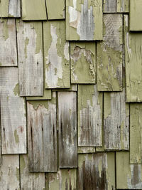 Rustic weathered staggered random wood shingles with peeling green paint