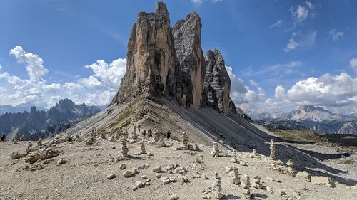 Rock formations on landscape against cloudy sky