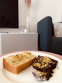 Close-up of breakfast served on table at home