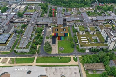 High angle view of buildings in city