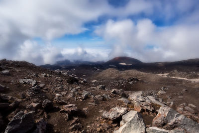 Panoramic view of volcanic landscape against sky