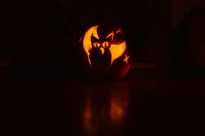 Close-up of illuminated pumpkin at night