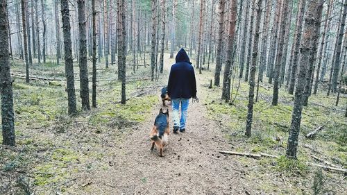 Rear view of man with dog against trees