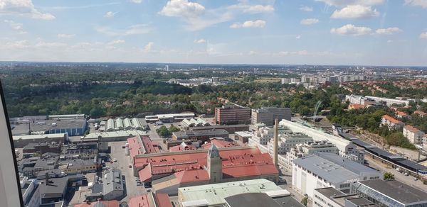 High angle shot of townscape against sky