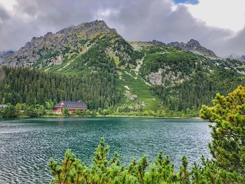 Scenic view of lake and mountains against sky