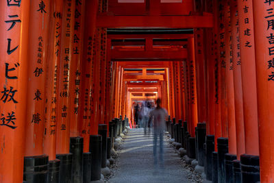 Rear view of people walking in temple building