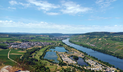 View on river mosel, lake triolago and village riol vom hiking-trail moselsteig.