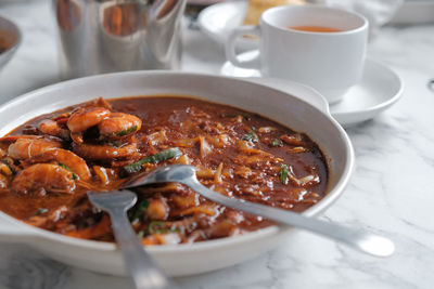 Close-up of soup in bowl on table