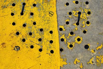 Close-up of holes on old metal sheet