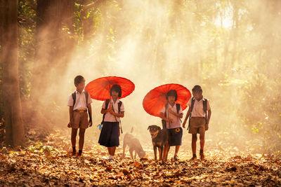 Rear view of people walking in forest