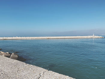 Scenic view of sea against clear blue sky