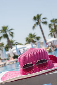 Close-up of sunglasses on palm tree against sky