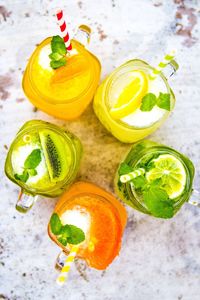 High angle view of drinks on table