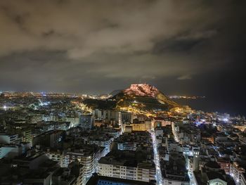 High angle view of illuminated city buildings at night