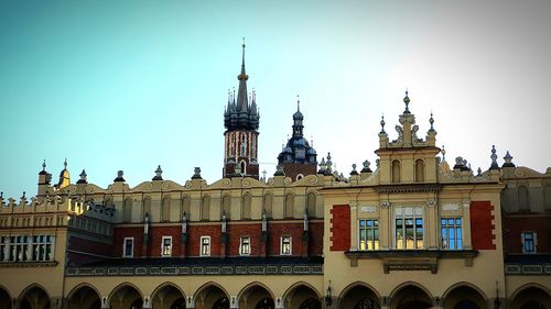 Low angle view of buildings against clear sky