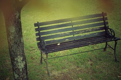 Close-up of empty bench in park