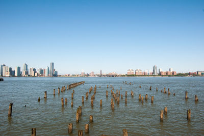 Panoramic view of a hudson river bay and buildings against clear sky