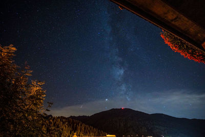 Scenic view of mountains against sky with milky way at night