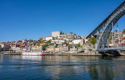 The old town of porto with the river douro and the famous iron bridge on a sunny day