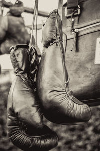 Low angle view of boxing gloves