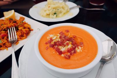 High angle view of food served in plate on table