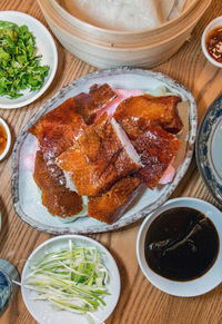 High angle view of food served on table