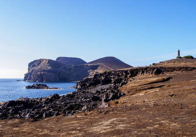 Scenic view of sea and mountains against clear blue sky