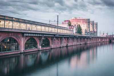 Bridge over river with buildings in background