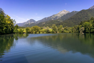 Scenic view of lake and mountains against sky