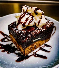 Close-up of chocolate cake in plate