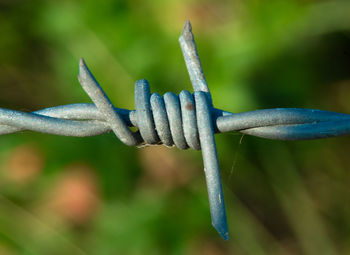 Close-up of barbed wire on field