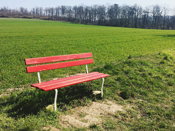 Empty bench in field