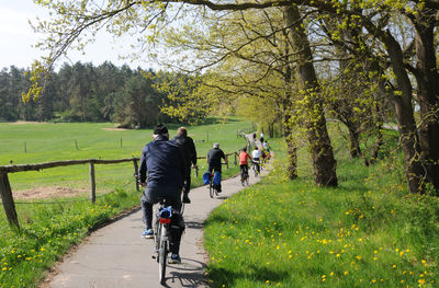 Rear view of people riding bicycle on footpath