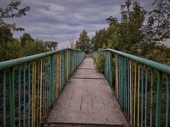 Empty footbridge amidst trees