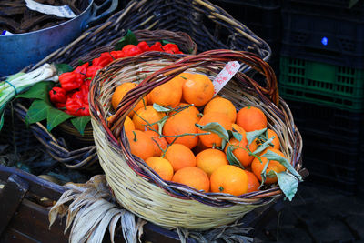 High angle view of oranges in basket for sale